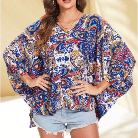 Tops - Boho Floral Paisley Print Dolman Sleeve Top Blouse Shirt